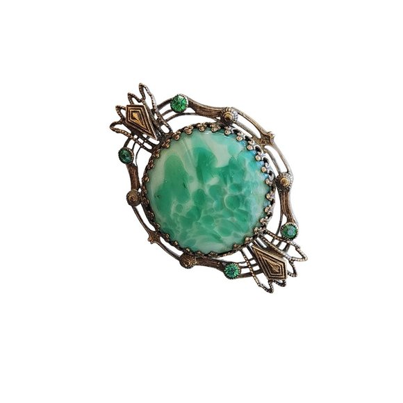 Antique Mottled Glass & Brass Early Brooch (A2493) - Picture 1 of 3